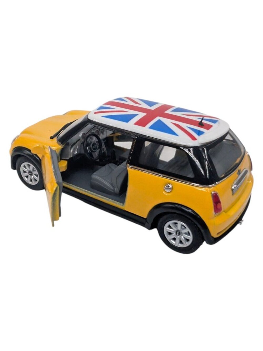 Kinsmart Mini Cooper S Diecast Model Car Yellow British Flag Roof 1:28 Scale